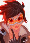  1girl :p brown_hair face goggles jacket nakanoart overwatch short_hair smile solo spiked_hair tongue tongue_out tracer_(overwatch) 