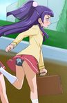  bag black_panties blush frown haruyama_kazunori izayoi_riko long_hair mahou_girls_precure! panties pantyshot pink_eyes precure print_panties purple_hair riko_(mahou_girls_precure!) running satchel school_uniform skirt socks solo_focus underwear 