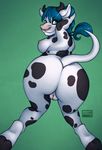  2016 all_fours blue_eyes blue_hair bovine breasts cattle facial_piercing female hair hooves horn looking_at_viewer looking_back mammal mapleream mistystriker nose_piercing nose_ring nude piercing pussy raised_tail rear_view side_boob solo 
