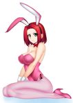  1girl animal_ears bare_shoulders bow bowtie breasts bunny_ears bunnysuit cleavage code_geass detached_collar fishnet_pantyhose fishnets green_eyes handsofmidaz kallen_stadtfeld looking_at_viewer pantyhose pout red_hair short_hair sitting solo wariza wrist_cuffs 