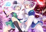  2girls bat black_legwear braid card cherry_blossoms dagger fighting green_eyes headdress hitodama holding izayoi_sakuya katana kneehighs konpaku_youmu konpaku_youmu_(ghost) moon multiple_girls open_mouth playing_card red_eyes red_moon sen_kagura short_hair silver_hair single_braid sparkle sword thighhighs touhou weapon white_legwear wristband 