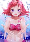  1girl :d air_bubble bikini breasts breath bubble cleavage collarbone earrings freediving highres holding_breath jewelry looking_at_viewer love_live!_school_idol_project mermaid_costume natsu_(natume0504) navel nishikino_maki open_mouth purple_eyes red_bikini red_hair smile solo swimsuit underwater upper_body 