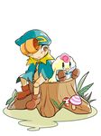  2boys ameko_(ameko03) blue_cape blue_eyes boots brown_eyes brown_shoes doll_joints geno_(mario) grass hat mallow_(mario) multiple_boys mushroom naked_cape pants shoes simple_background sitting smile striped striped_pants super_mario_rpg tree_stump white_background 