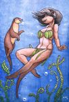  anthro clothed clothing female mammal mustelid navel open_mouth smile solo teeth traditional_media_(artwork) underwater water weasel woadedfox 