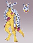  anthro anthrofied athletic barefoot digimon digitigrade fangs flaccid front_view gabumon horn humanoid_penis looking_at_viewer navel nipples pattern_background pawpads pawprint pecs pelt penis sabertooth_(feature) scalie simple_background standing thelittlemeerkak 