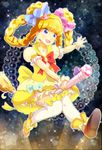  1girl asahina_mirai blonde_hair bow braid broom broom_riding candy_hair_ornament choker cure_miracle food_themed_hair_ornament full_body hair_ornament hat highres long_hair magical_girl mahou_girls_precure! mini_hat mini_witch_hat pink_hat precure purple_eyes red_bow shoes skirt smile solo thighhighs topaz_style white_legwear witch_hat yellow_shoes yellow_skirt 
