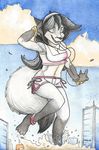  anthro breasts canine clothed clothing cloud dancing eyes_closed fangs female fox headphones macro mammal navel open_mouth outside smile solo standing teeth tongue traditional_media_(artwork) woadedfox 