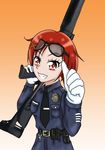  1girl :d buttons emblem gloves grin gun hino_akane_(smile_precure!) holding holding_weapon long_sleeves looking_at_viewer open_mouth orange_background police police_uniform policewoman precure shotgun simple_background smile smile_precure! sunglasses teeth thumbs_up tkd405 uniform weapon white_gloves 