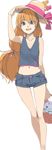  1girl :d akinbo_(hyouka_fuyou) blue_eyes collarbone denim denim_shorts hat highres houjou_hibiki hummy_(suite_precure) long_hair looking_at_viewer midriff navel open_mouth orange_hair precure shorts simple_background smile straw_hat suite_precure teeth thigh_gap white_background 