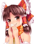  1girl benikurage blush brown_hair cookie_(touhou) detached_sleeves face fingers_together grin hair_ribbon hair_tubes hakurei_reimu japanese_clothes ketsushi long_sleeves looking_at_viewer miko portrait red_eyes ribbon scarf shirt short_hair simple_background smile smirk touhou white_background wide_sleeves 