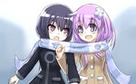  2girls :d alternate_costume alternate_hairstyle black_hair blush choujigen_game_neptune coat d-pad dogoo hair_down hair_ornament hexun6 highres long_hair multiple_girls nepgear neptune_(series) open_mouth purple_eyes purple_hair red_eyes scarf shared_scarf smile uni_(choujigen_game_neptune) yuri 