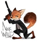  2016 anthro canine clothed clothing crouching disney english_text fox frown green_eyes gun half-closed_eyes looking_away male mammal necktie nick_wilde ranged_weapon seoji simple_background solo text weapon white_background zootopia 