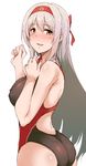  1girl alternate_costume ass bare_shoulders blush breasts brown_eyes competition_swimsuit erect_nipples hairband headband highres kantai_collection long_hair looking_at_viewer one-piece_swimsuit open_mouth shoukaku_(kantai_collection) silver_hair smile solo suisen_toire_(moko924) swimsuit 