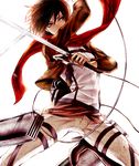  1girl boots brown_boots brown_eyes brown_hair dual_wielding high_heel_boots high_heels jacket mikasa_ackerman red_scarf scarf shingeki_no_kyojin short_hair solo sword three-dimensional_maneuver_gear weapon yukino_(0722) 