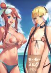  2girls :d areolae bikini blonde_hair blue_eyes blush breast_envy breast_hold breast_lift breastless_clothes breasts cameltoe choker cloud flat_chest front-tie_top fuuro_(pokemon) green_eyes gym_leader hair_ornament headphones highres holding kamitsure_(pokemon) large_breasts looking_at_viewer multiple_girls navel nipples ocean open_mouth pokemon pokemon_(game) pokemon_bw red_hair short_hair sidelocks sign sky small_breasts smile sweatdrop swimsuit translated translation_request ts422 water 