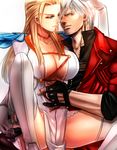  1girl blonde_hair blue_eyes breasts choker cleavage cleavage_cutout collarbone couple dante_(devil_may_cry) devil_may_cry devil_may_cry_4 eye_contact fingerless_gloves gloria_(devil_may_cry) gloria_(devil_may_cry)_(cosplay) gloves grey_eyes hand_on_thigh large_breasts lips long_hair looking_at_another nagare spread_legs thighhighs trench_coat trish_(devil_may_cry) white_hair 