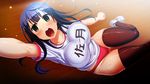  black_hair bloomers blush bouncing_breasts breasts buruma clenched_hands game_cg green_eyes gym_uniform highres jumping kanzen_jikan_teishi large_breasts legs long_hair looking_at_viewer open_mouth outstretched_arm raised_eyebrows satsuki_shiho shiny shiny_hair shiny_skin short_sleeves sneakers solo sweat thighhighs thighs uo_denim 