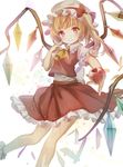  1girl artist_request ascot blonde_hair bobby_socks bow crystal flandre_scarlet hat hat_bow hat_ribbon looking_at_viewer mob_cap puffy_short_sleeves puffy_sleeves red_eyes ribbon short_sleeves side_ponytail simple_background skirt skirt_set smile socks solo torino_akua touhou white_background wings 