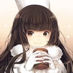  1girl ameriya artist_name blush brown_eyes brown_hair can cocoa_cookie cookie_run cup fur_trim gloves gradient gradient_background hat holding holding_can long_hair looking_at_viewer mug smile smug solo upper_body white_gloves 