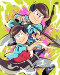  &gt;:&gt; 2boys arrow bow_(weapon) brothers brown_hair drawing_bow formal green_background green_eyes jacket kabosu male_focus matsuno_choromatsu matsuno_todomatsu multiple_boys necktie open_clothes open_jacket osomatsu-kun osomatsu-san pink_eyes polearm siblings simple_background splatter suit weapon 