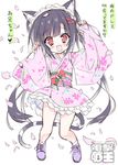  1girl animal_ears arms_up black_hair cat_ears cherry_blossoms dengeki_moeou dokidoki_sister_aoi-chan floral_print hair_ornament hairclip japanese_clothes jumping kimono kohinata_aoi_(dokidoki_sister_aoi-chan) long_hair obi open_mouth original petals red_eyes sash shoes short_kimono short_yukata sleeves_past_wrists smile solo tail takahashi_tetsuya translation_request twintails very_long_hair watermark yukata 