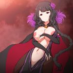  1girl areolae black_hair braid breasts bridal_gauntlets cape center_opening chikyuu_kuudou_setsu elsa_granhilte flower fur_trim hair_flower hair_ornament large_breasts long_hair looking_at_viewer mole mole_under_eye navel pubic_hair purple_eyes pussy re:zero_kara_hajimeru_isekai_seikatsu single_braid smile solo very_long_hair 