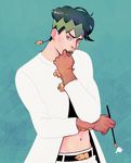  1boy brown_gloves crop_top crosshatching earrings gloves green_background green_eyes green_hair green_lipstick hand_on_own_chin headband holding holding_pen jewelry jojo_no_kimyou_na_bouken kishibe_rohan lipstick makeup male_focus midriff navel pen solo takuminari 