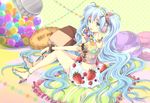  1girl bad_feet blue_eyes blue_hair blueberry bracelet candy chocolate doughnut food food_as_clothes fruit hair_ornament hairclip hatsune_miku headphones high_heels iroha_(shiki) jewelry long_hair macaron nail_polish necklace pillow pocky polka_dot raspberry ring skirt solo strawberry toenail_polish twintails vocaloid wristwear 