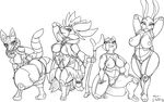  absurd_res android anthro black_and_white breasts butt delphox female group hi_res lagomorph lucario machine mammal monochrome nintendo pok&eacute;mon pose presenting pussy rabbit robot rodent seductive simple_background squirrel staff thestrider tongue tongue_out video_games white_background 
