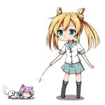  2girls abukuma_(kantai_collection) animal_ears bangs black_boots blonde_hair blue_eyes boots buttons cat_ears cat_tail cat_teaser double_bun hair_between_eyes hair_rings kantai_collection knee_boots long_hair lying multiple_girls on_stomach open_mouth pleated_skirt purple_hair red_eyes school_uniform serafuku shinsono_shiroko shirt short_hair short_sleeves shorts simple_background skirt standing tail tama_(kantai_collection) twintails white_background 