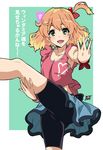  1girl bike_shorts bow freyja_wion green_eyes hand_gesture highres macross macross_delta orange_hair ponpon skirt smile translation_request 