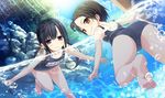  air_bubble ass barefoot black_hair blush brown_eyes cura dutch_angle feet game_cg hayase_fukami highres light_rays long_hair looking_at_viewer looking_back maitetsu minokasa_nagi multiple_girls name_tag partially_submerged purple_eyes red_eyes school_swimsuit short_hair smile soles sunbeam sunlight swimming swimsuit toes twintails water yellow_eyes 