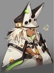  1girl beltbra breasts cape cleavage dark_skin grey_background guilty_gear guilty_gear_xrd hat long_hair orange_eyes platinum_blonde ramlethal_valentine rod_(rod4817) simple_background solo white_hair 