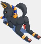  anthro anubis anus backsack balls black_fur butt canine cuffs_(disambiguation) deity fur headwear hi_res jackal looking_back male mammal pawpads paws penis simple_background solo steel_cat white_background yellow_eyes 