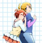  2girls ayase_eli blonde_hair blue_eyes blush casual from_side hair_bobbles hair_ornament highres hoshizora_rin kasa_list long_hair love_live!_school_idol_project multiple_girls orange_hair pants ponytail scrunchie skirt smile track_pants 