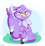  anthro anus avian beak bluebreed blush breasts brown_eyes cum cum_in_ass cum_inside cum_on_face eyelashes feathers female melissa_morgan purple_feathers pussy solo super_planet_dolan v_sign 
