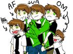  5boys ben_10 ben_10:_alien_force ben_10:_omniverse ben_10:_ultimate_alien benjamin_kirby_tennyson brown_hair cheek_poking cheek_pull child green_eyes green_jacket jacket male_focus multiple_boys multiple_persona omnitrix open_mouth poking short_hair simple_background smile time_paradox younger 