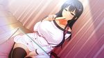  bed black_hair blush breasts curtains dress food game_cg green_eyes highres holding ice_cream indoors kanzen_jikan_teishi kneeling large_breasts legs long_hair long_sleeves looking_at_viewer pillow satsuki_shiho sexually_suggestive sitting solo thighhighs thighs uo_denim 