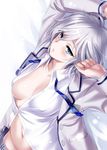  1girl anastasia_(idolmaster) blue_eyes blush breasts cleavage idolmaster idolmaster_cinderella_girls school_uniform short_hair silver_hair solo zen 