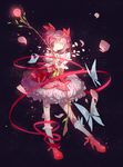  1girl bow_(weapon) bubble_skirt butterfly choker gloves highres kaname_madoka kneehighs magical_girl mahou_shoujo_madoka_magica petals pink_eyes pink_hair red_ribbon ribbon short_twintails skirt smile solo twintails weapon wei_li white_gloves white_legwear 