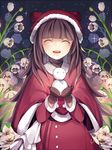  1girl :d ^_^ ameriya animal_hat artist_name blush brown_hair cat_hat closed_eyes deemo eyes_closed floral_background flower fur_trim girl_(deemo) hat lily_(flower) long_hair long_sleeves mittens open_mouth signature smile snowman solo sparkle star_(sky) turtleneck 