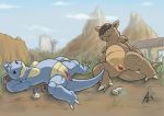  crestfallenartist duo female feral kangaskhan looking_at_viewer lying nidoqueen nintendo on_back open_mouth outside pok&eacute;ball pok&eacute;mon pok&eacute;mon_(species) pussy smile spread_legs spreading video_games 