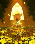  1girl absurdres androgynous brown_hair brown_shoes cake chara_(undertale) flower food highres knife petals pie red_eyes shirt shoes sitting smile solo spoilers striped striped_shirt tenperu_tapio throne undertale yellow yellow_flower 