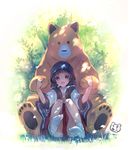  1girl :d amayadori_machi animal artist_name bangs bear between_legs black_hair blunt_bangs blurry blush dappled_sunlight depth_of_field grass hair_over_shoulder hair_ribbon hakama hand_holding headband holding_hands japanese_clothes jewelry kumamiko long_hair looking_at_viewer low_twintails miko natsu_(kumamiko) on_ground open_mouth plant red_eyes ribbon riv shade signature sitting smile socks sunlight tabi twintails white_legwear 