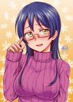  1girl adjusting_glasses blue_hair blush glasses highres kyuusenbinore_(gavion) long_hair long_sleeves love_live!_school_idol_project ribbed_sweater sonoda_umi sweater turtleneck yellow_eyes 