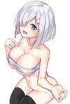  1girl :d bare_shoulders black_legwear blue_eyes bottomless breasts cleavage hair_ornament hair_over_one_eye hairclip hamakaze_(kantai_collection) harumaki_haruki highres kantai_collection large_breasts looking_at_viewer navel open_mouth sarashi silver_hair simple_background smile solo teeth thighhighs white_background 