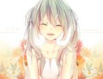  1girl 39 :d ameriya blush closed_eyes collarbone dress eyes_closed floral_background green_hair hair_ribbon hatsune_miku head_tilt long_hair number open_mouth ribbon smile solo sundress twintails upper_body vocaloid white_background white_dress 