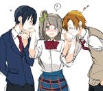  1girl 2boys blush bow closed_eyes eyes_closed ftm genderswap genderswap_(ftm) hand_kiss heart holding_hand kiss kousaka_honoka love_live!_school_idol_project minami_kotori multiple_boys necktie school_uniform sofy sonoda_umi speech_bubble sweatdrop 