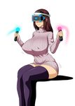  1girl black_legwear breasts brown_hair covered_nipples erect_nipples henriiku_(ahemaru) highres huge_breasts large_breasts long_hair original playstation_move playstation_vr ribbed_sweater sitting smile solo sweater thighhighs thighs turtleneck zettai_ryouiki 