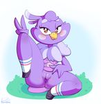  anthro anus avian beak bluebreed blush breasts brown_eyes eyelashes feathers female melissa_morgan purple_feathers pussy solo super_planet_dolan v_sign 